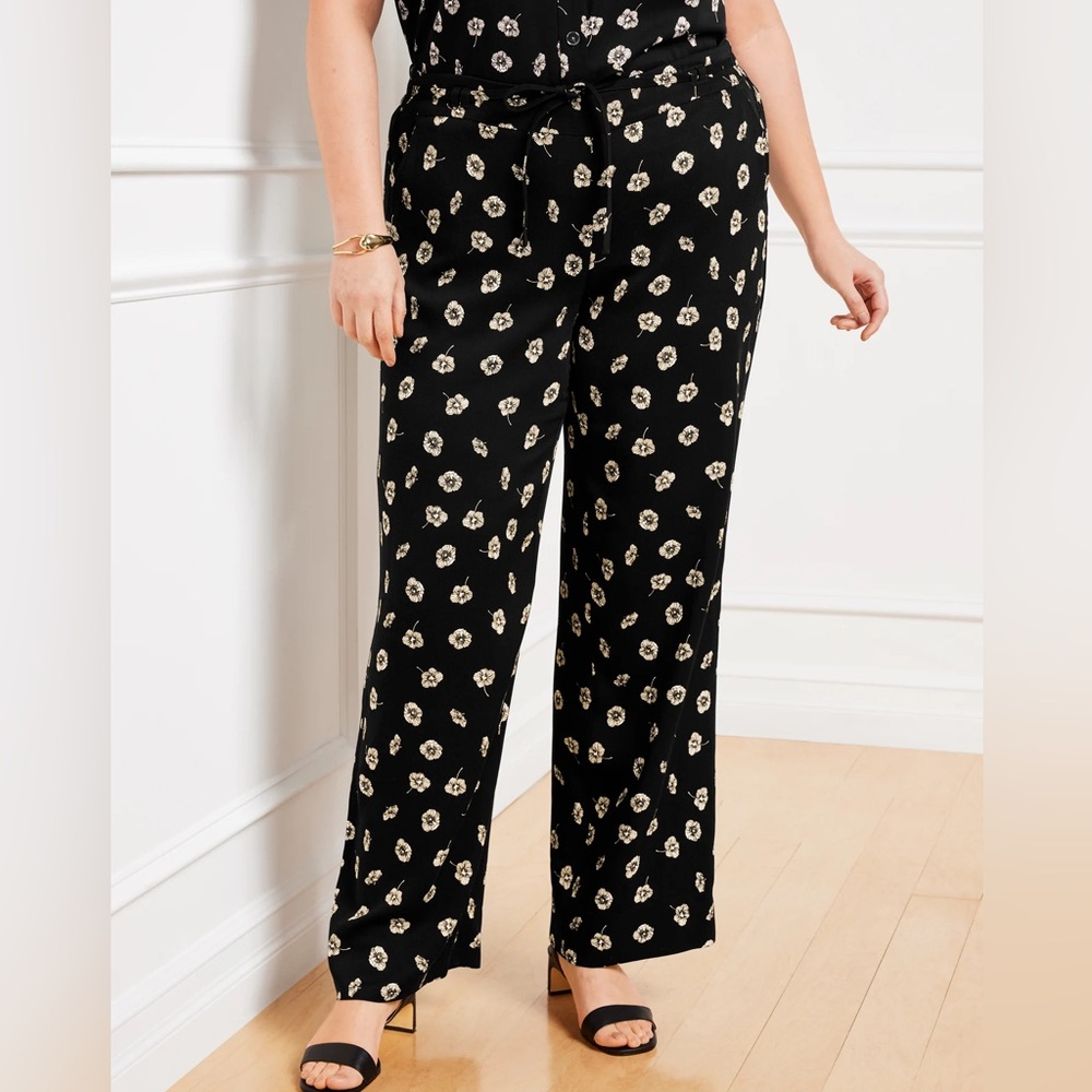 Talbots Twill Black Flower Deco Button Down Top Wide leg Pant Set Size XLp - Picture 8 of 16